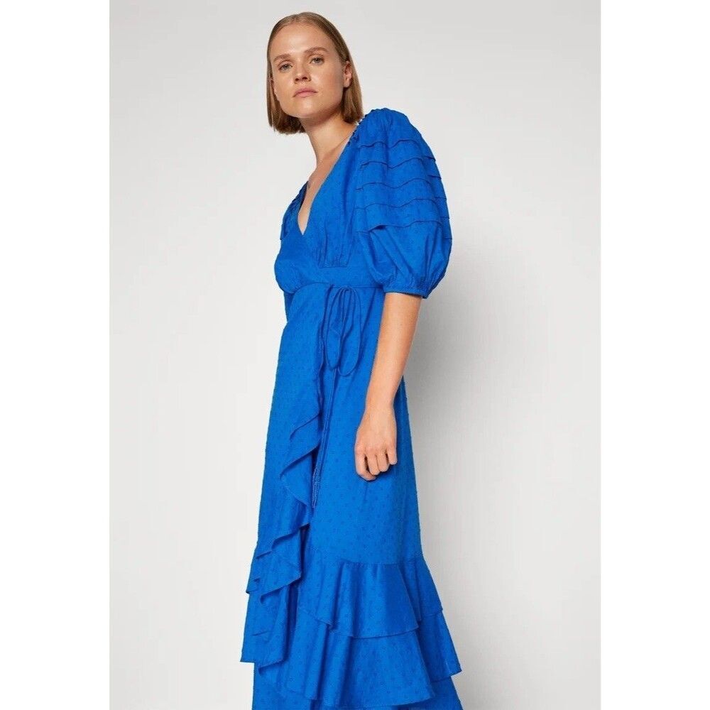 Farm Rio Blue Ruffles Midi Wrap Dress XS NEW
